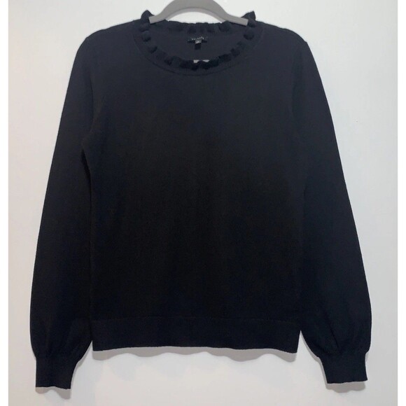 TALBOTS Womens Sweater Long Sleeve Black Ruffled Neck Size X-Small Cotton Wool - Picture 1 of 7